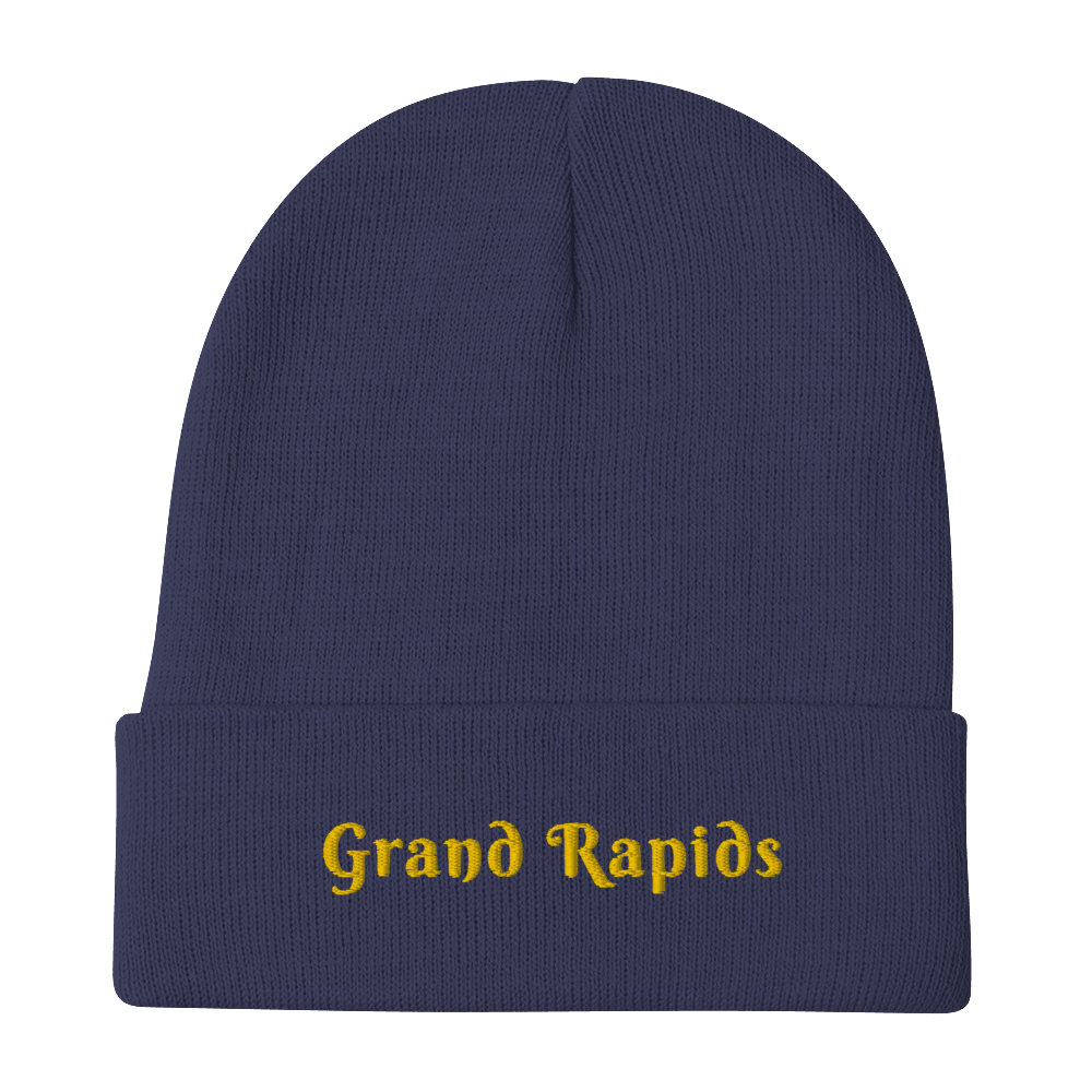 'Grand Rapids' Winter Beanie (Swash Font) | Gold Embroidery - Circumspice Michigan