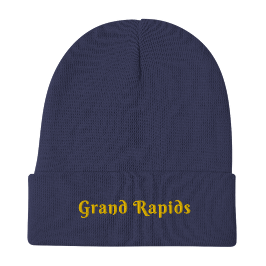 'Grand Rapids' Winter Beanie (Swash Font) | Gold Embroidery - Circumspice Michigan