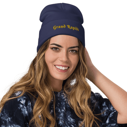 'Grand Rapids' Winter Beanie (Swash Font) | Gold Embroidery - Circumspice Michigan