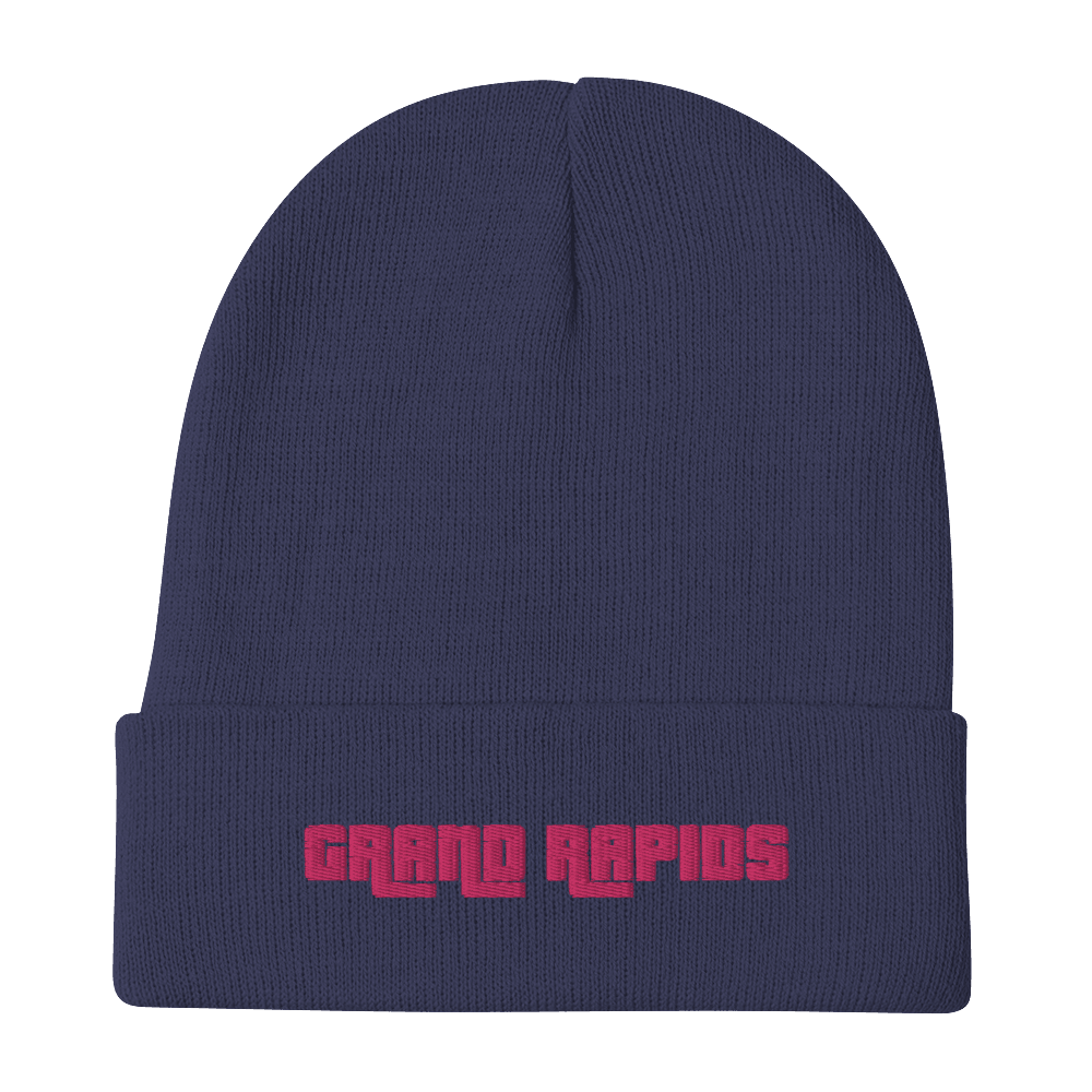 'Grand Rapids' Winter Beanie (1970s Font) | Pink Embroidery - Circumspice Michigan