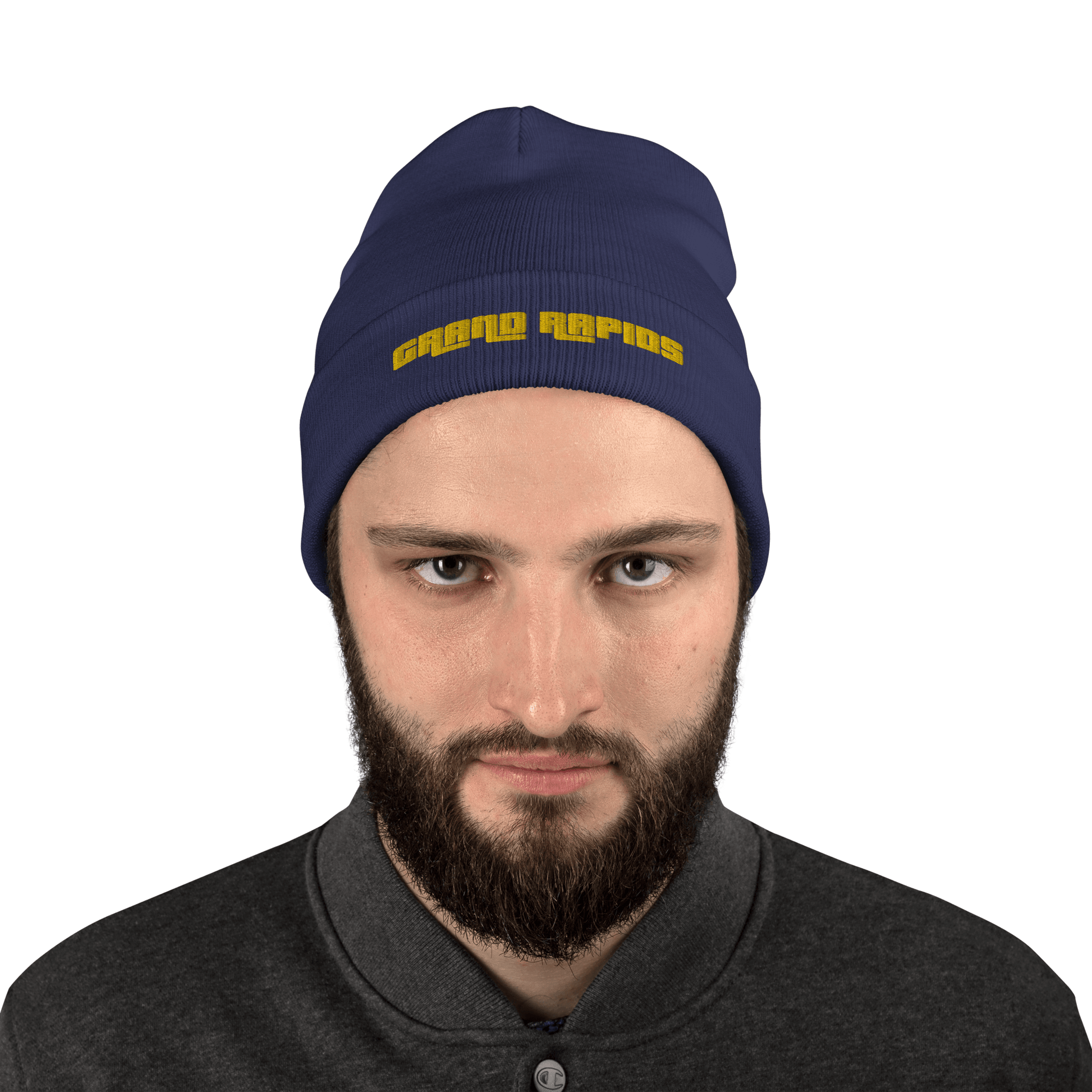 'Grand Rapids' Winter Beanie (1970s Font) | Gold Embroidery - Circumspice Michigan