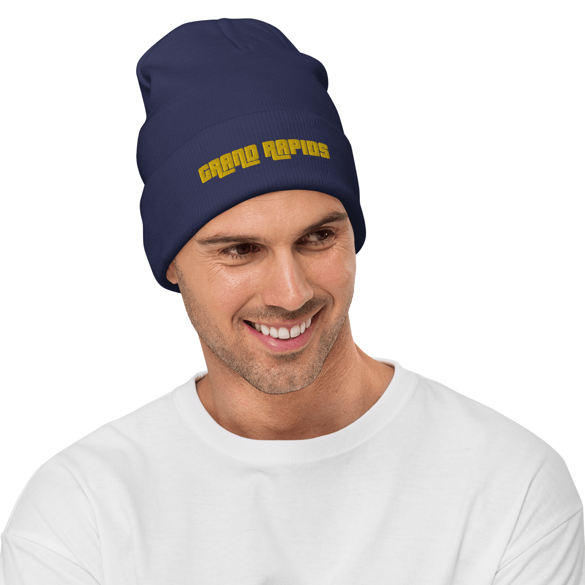 'Grand Rapids' Winter Beanie (1970s Font) | Gold Embroidery - Circumspice Michigan