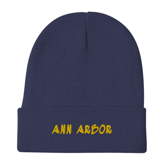 'Ann Arbor' Winter Beanie (1980's Hip Hop Font) | Gold Embroidery - Circumspice Michigan