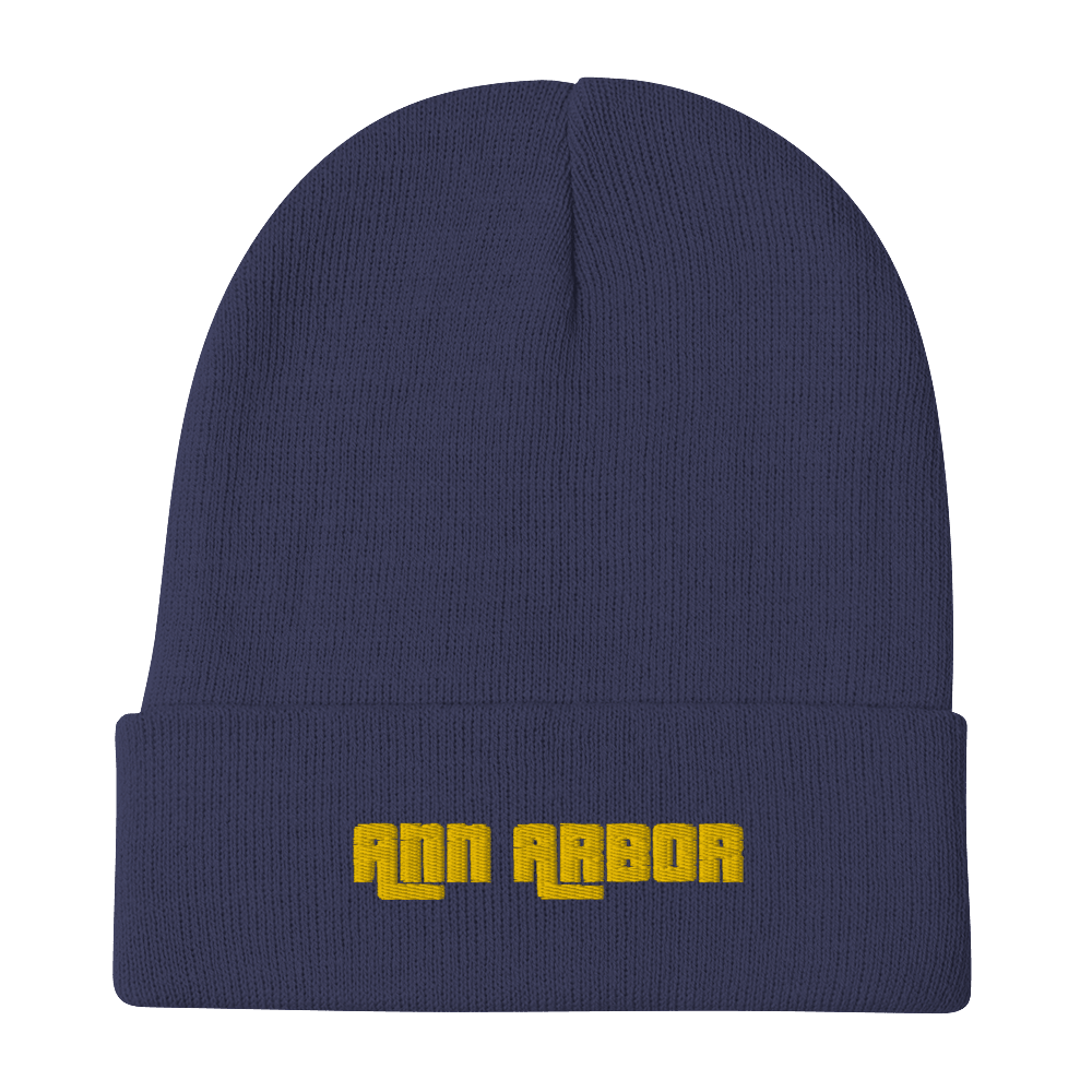 'Ann Arbor' Winter Beanie (1970s Font) | Gold Embroidery - Circumspice Michigan