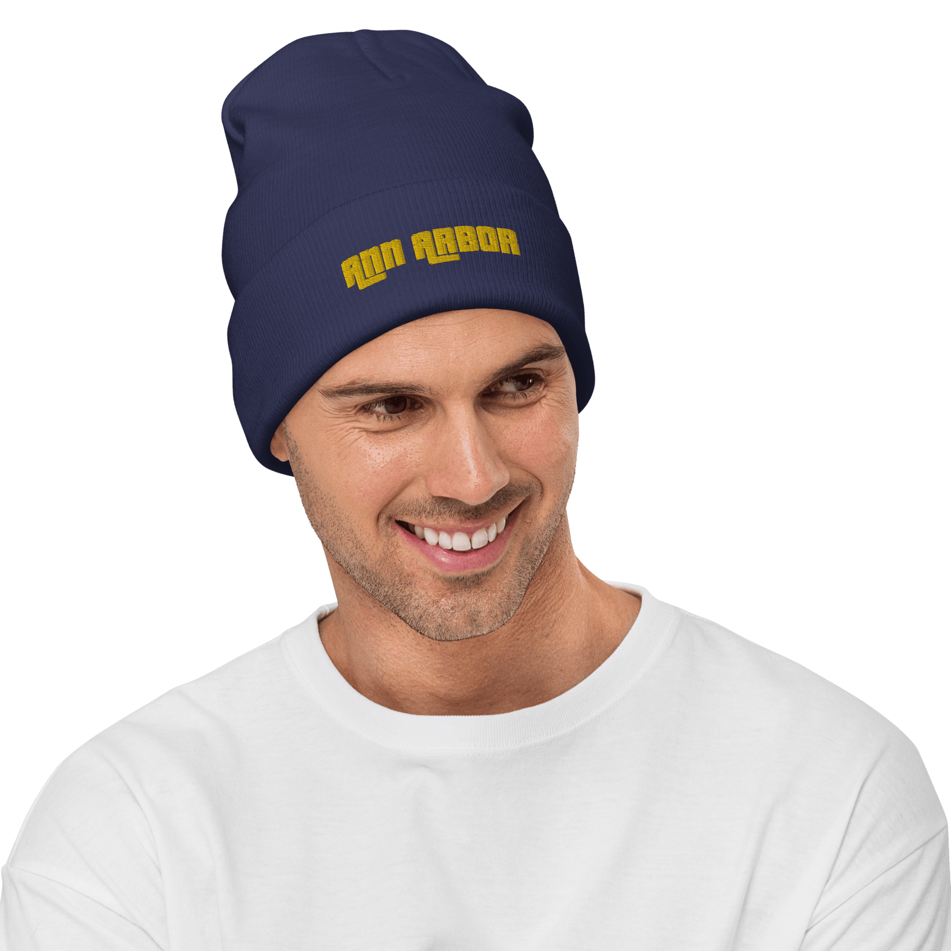 'Ann Arbor' Winter Beanie (1970s Font) | Gold Embroidery - Circumspice Michigan