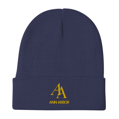 'AA Ann Arbor' Winter Beanie (Luxury Goods Parody) | Gold Embroidery - Circumspice Michigan