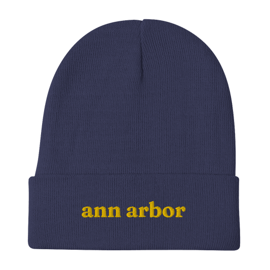 'Ann Arbor' Winter Beanie (Old-Style Serif Font) | Gold Embroidery - Circumspice Michigan