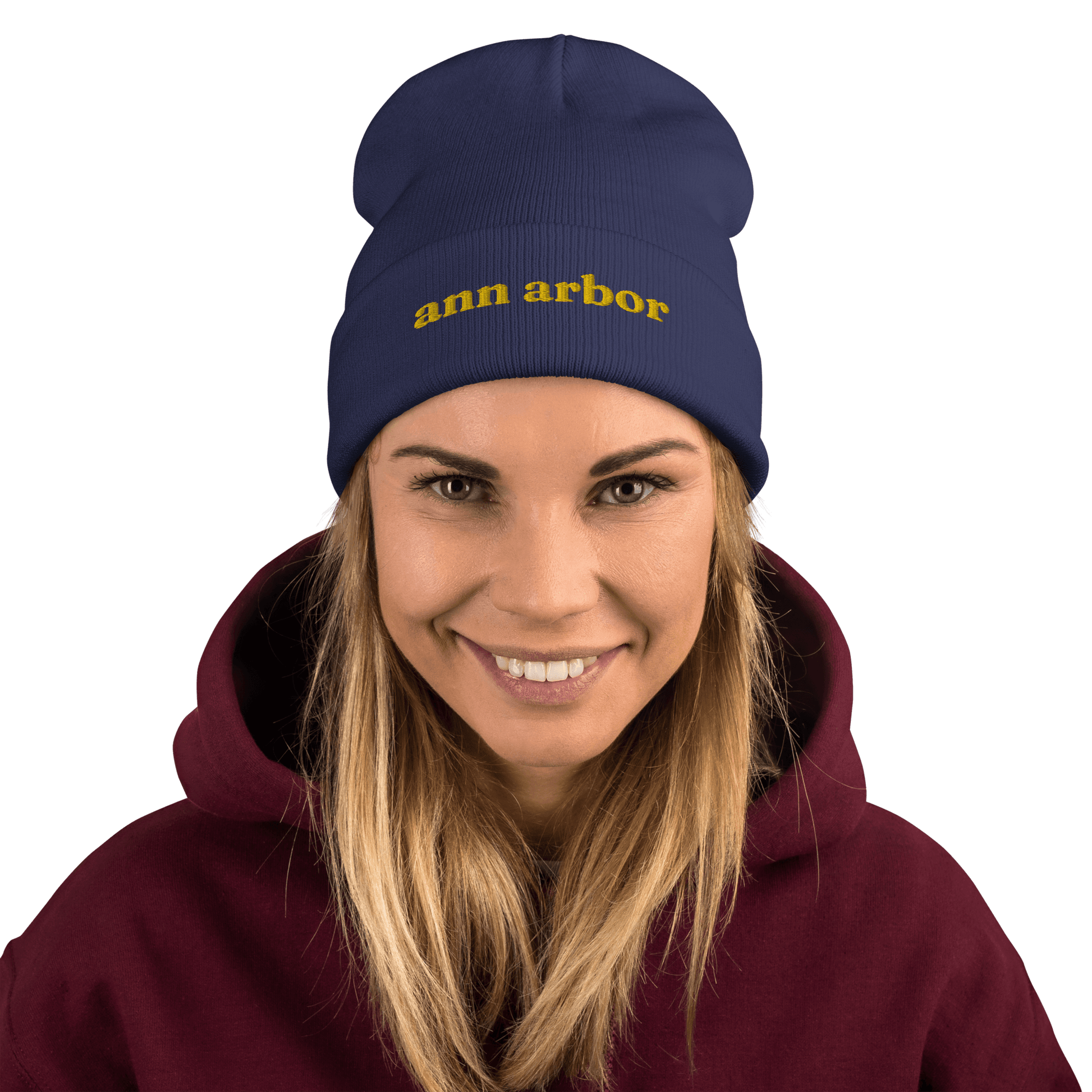'Ann Arbor' Winter Beanie (Old-Style Serif Font) | Gold Embroidery - Circumspice Michigan