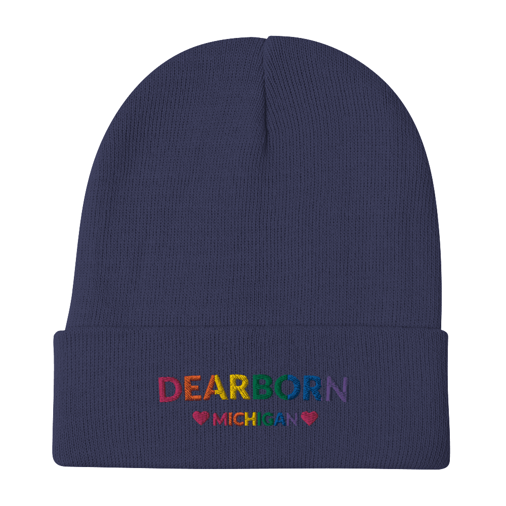 'Dearborn Michigan' Winter Beanie (LGBTQ Pride Colors w/Heart Outlines) - Circumspice Michigan