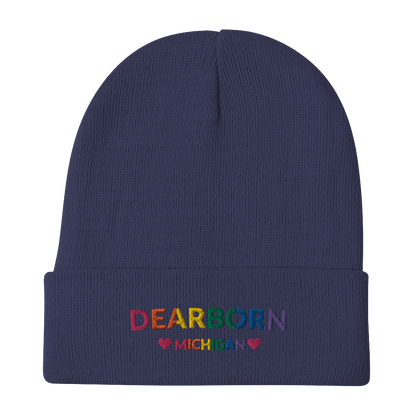 'Dearborn Michigan' Winter Beanie (LGBTQ Pride Colors w/Heart Outlines) - Circumspice Michigan