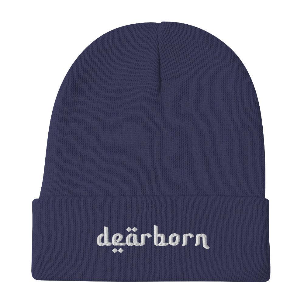 'Dearborn' Winter Beanie (Arabic-Style Font) | White Embroidery - Circumspice Michigan