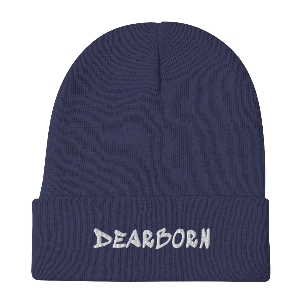 'Dearborn' Winter Beanie (1980's Hip Hop Font) | White/Black Embroidery - Circumspice Michigan