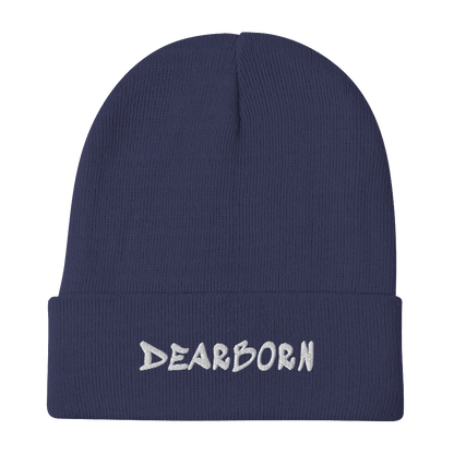 'Dearborn' Winter Beanie (1980's Hip Hop Font) | White/Black Embroidery - Circumspice Michigan