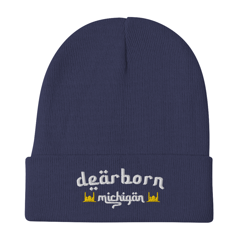 'Dearborn Michigan' Winter Beanie (Arabic-Font w/Mosque Outlines) | White/Black Embroidery - Circumspice Michigan