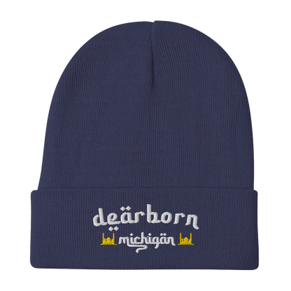 'Dearborn Michigan' Winter Beanie (Arabic-Font w/Mosque Outlines) | White/Black Embroidery - Circumspice Michigan