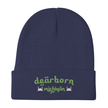 'Dearborn Michigan' Winter Beanie (Arabic Style Font w/Mosques Outlines) | Green Embroidery - Circumspice Michigan