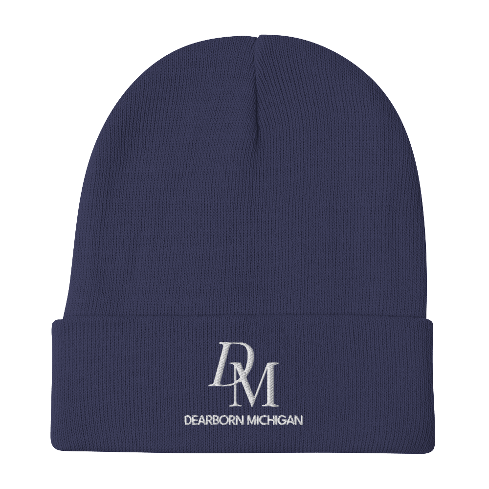 'DM Detroit Michigan' Winter Beanie (Luxury Goods Parody) | White/Black Embroidery - Circumspice Michigan