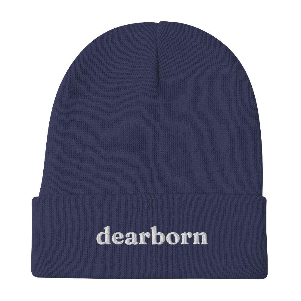 'Dearborn' Winter Beanie (Old-Style Serif Font) | White/Navy Embroidery - Circumspice Michigan