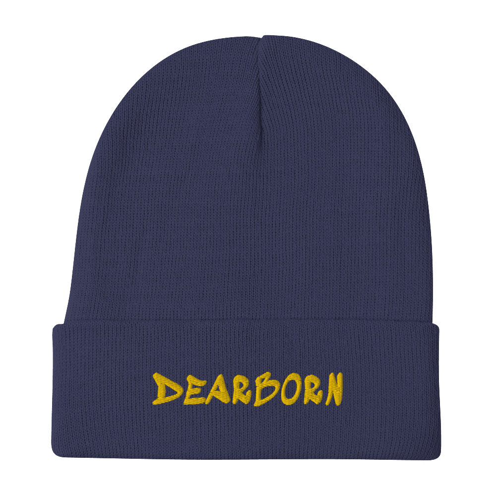 'Dearborn' Winter Beanie (1980's Hip Hop Font) | Gold Embroidery - Circumspice Michigan