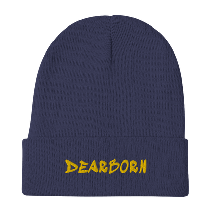 'Dearborn' Winter Beanie (1980's Hip Hop Font) | Gold Embroidery - Circumspice Michigan