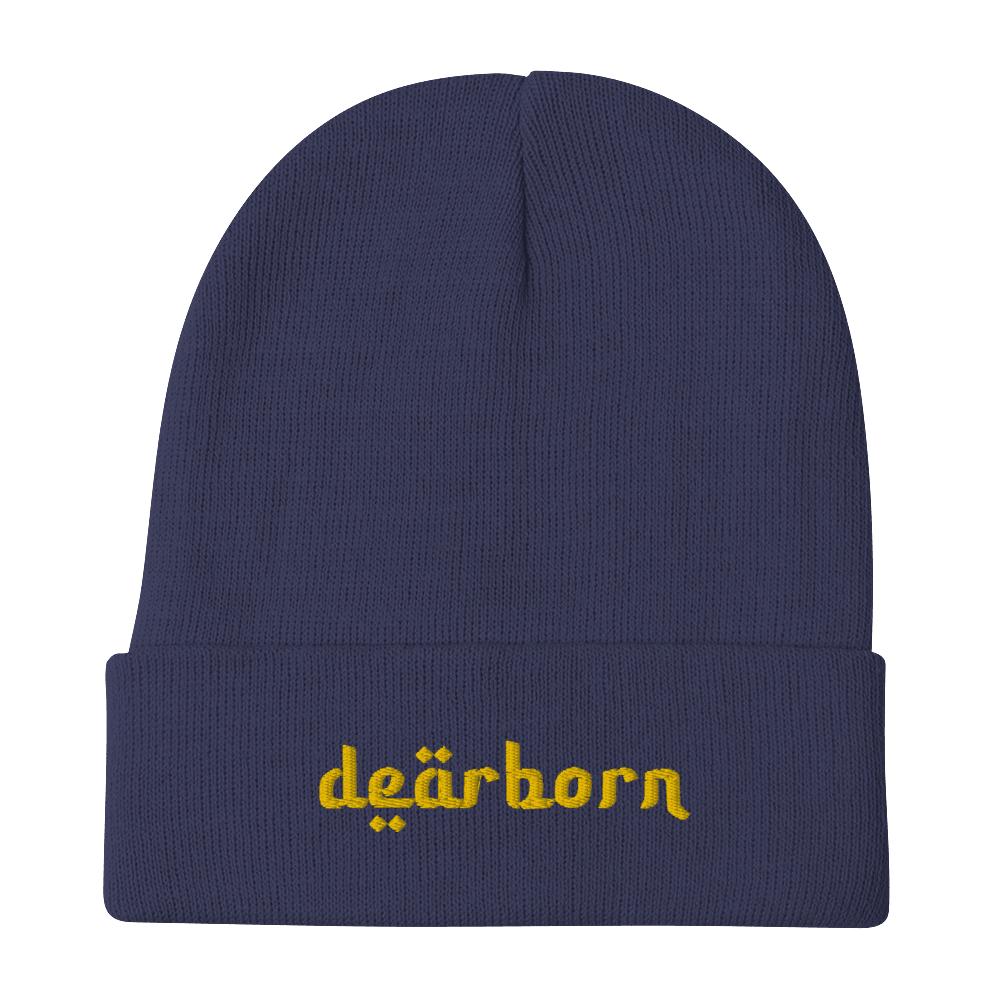 'Dearborn' Winter Beanie (Arabic-Style Font) | Gold Embroidery - Circumspice Michigan