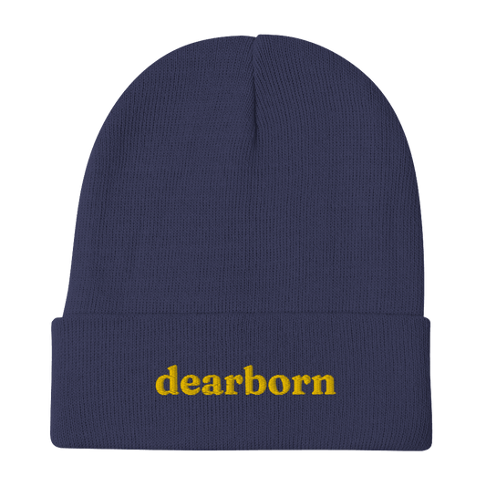 'Dearborn' Winter Beanie (Old-Style Serif Font) | Gold Embroidery - Circumspice Michigan