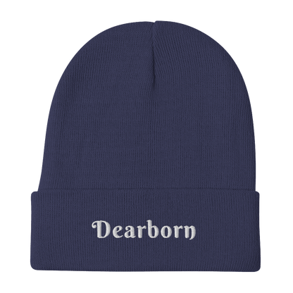 'Dearborn' Winter Beanie (Swash Font) | White/Black Embroidery - Circumspice Michigan