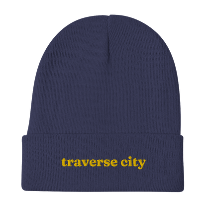 'Traverse City' Winter Beanie (Old-Style Serif Font) | Gold Embroidery - Circumspice Michigan