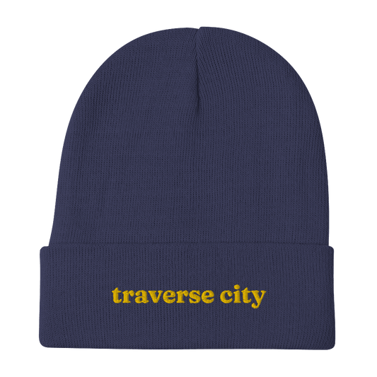 'Traverse City' Winter Beanie (Old-Style Serif Font) | Gold Embroidery - Circumspice Michigan