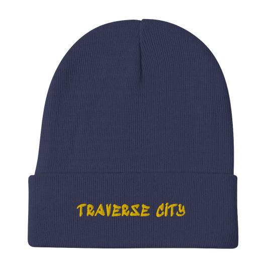 'Traverse City' Winter Beanie (1980s Hip Hop Font) | Gold Embroidery - Circumspice Michigan