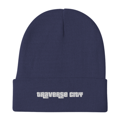 'Traverse City' Winter Beanie (1970s Font) | White/Black Embroidery - Circumspice Michigan