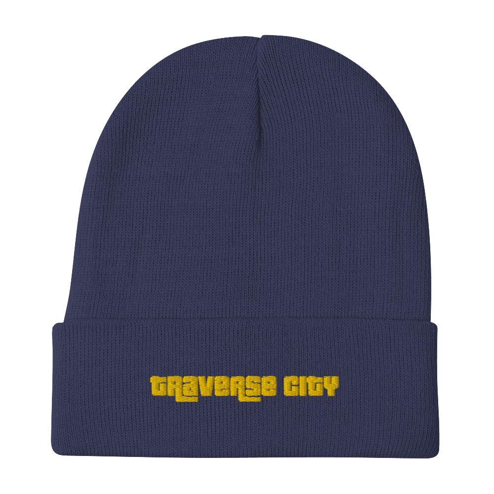 'Traverse City' Winter Beanie (1970's Font) | Gold Embroidery - Circumspice Michigan