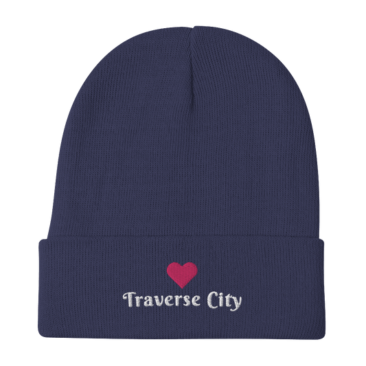 'Traverse City' Winter Beanie (w/Heart Outline) | White/Navy Embroidery - Circumspice Michigan