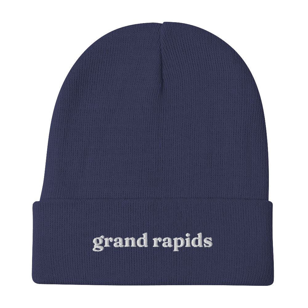 'Grand Rapids' Winter Beanie (Old Style Serif Font) | White/Black Embroidery - Circumspice Michigan