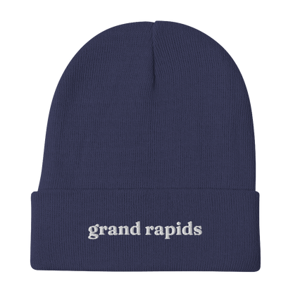 'Grand Rapids' Winter Beanie (Old Style Serif Font) | White/Black Embroidery - Circumspice Michigan