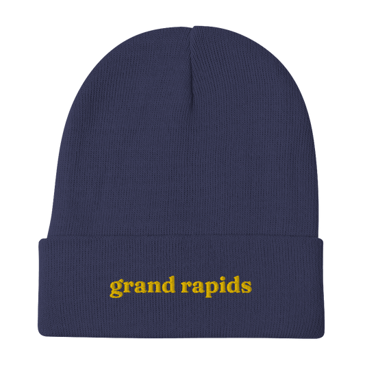 'Grand Rapids' Winter Beanie (Old Style Serif Font) | Gold Embroidery - Circumspice Michigan