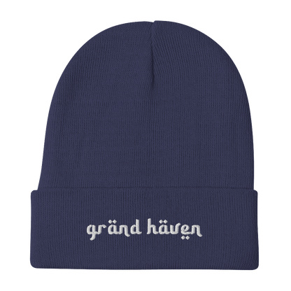 'Grand Haven' Winter Beanie (Arabic-Style Font) | White/Black Embroidery - Circumspice Michigan