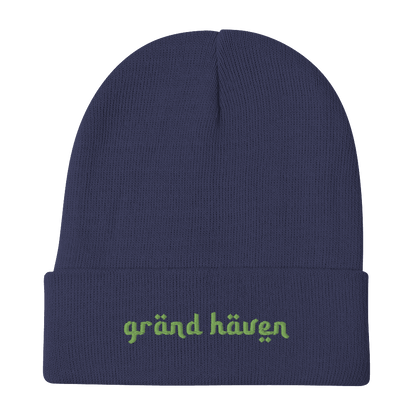 'Grand Haven' Winter Beanie (Arabic-Style Font) | Green Embroidery - Circumspice Michigan