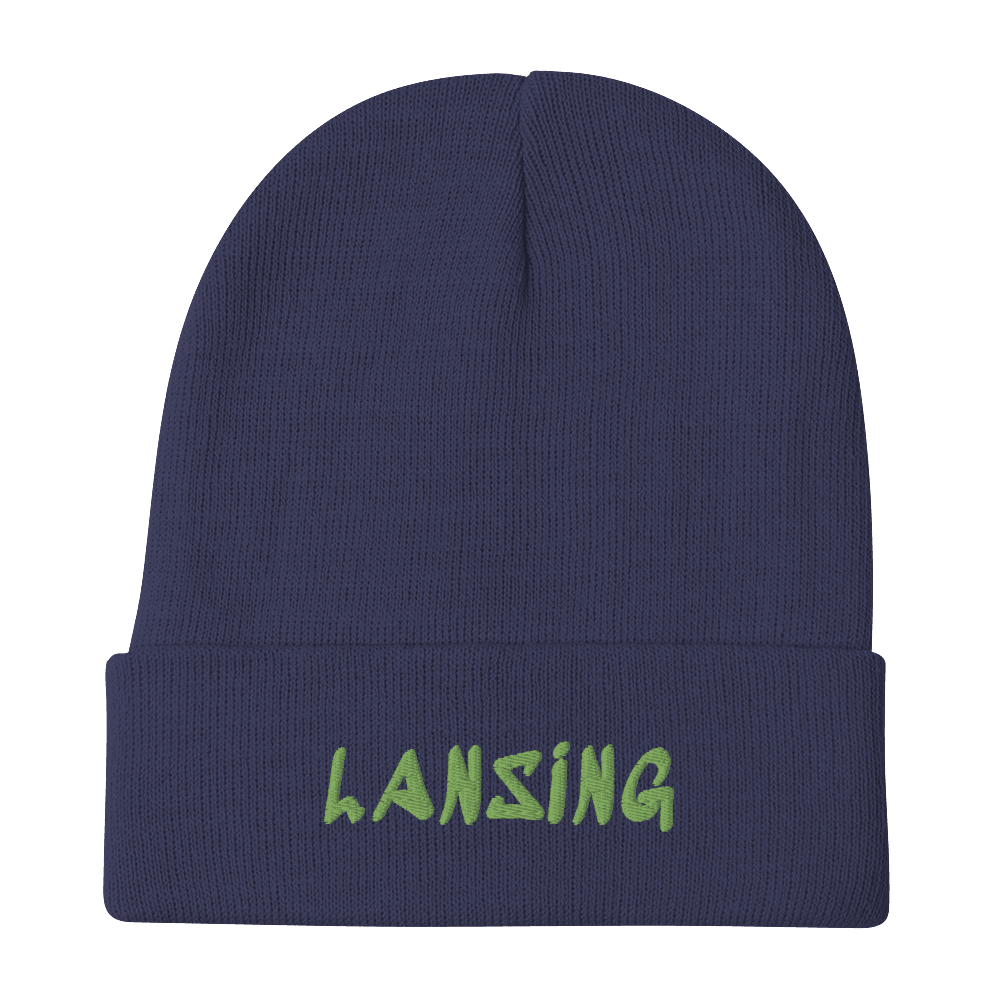 'Lansing' Winter Beanie (1980's Hip Hop Font) | Green Embroidery - Circumspice Michigan