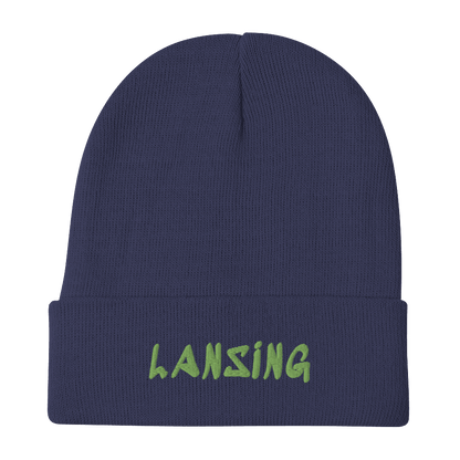 'Lansing' Winter Beanie (1980's Hip Hop Font) | Green Embroidery - Circumspice Michigan