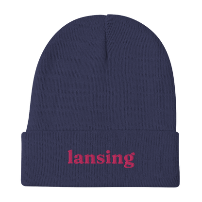 'Lansing' Winter Beanie (Old-Style Serif Font) | Pink Embroidery - Circumspice Michigan