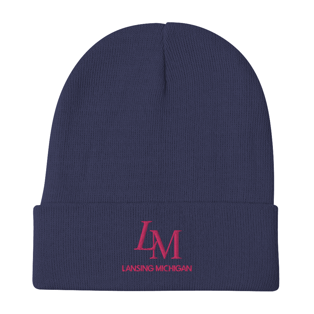 'LM Lansing Michigan' Winter Beanie (Luxury Goods Parody) | Pink Embroidery - Circumspice Michigan