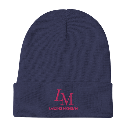 'LM Lansing Michigan' Winter Beanie (Luxury Goods Parody) | Pink Embroidery - Circumspice Michigan