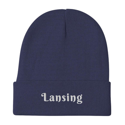 'Lansing' Winter Beanie (Swash Font) | White/Black Embroidery - Circumspice Michigan