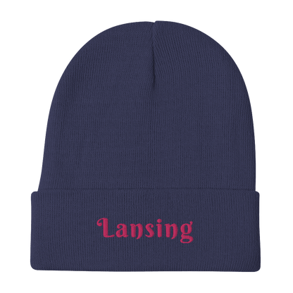 'Lansing' Winter Beanie (Swash Font) | Pink Embroidery - Circumspice Michigan