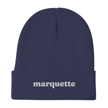 'Marquette' Winter Beanie (Old-Style Serif Font) | White/Navy Embroidery - Circumspice Michigan