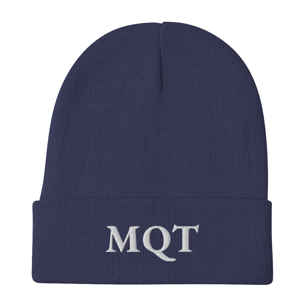 Marquette 'MQT' Winter Beanie (French Serif Font) | White/Black Embroidery - Circumspice Michigan