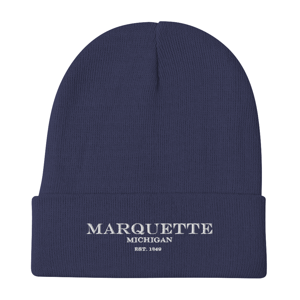'Marquette Michigan EST 1849' Winter Beanie | White/Black Embroidery - Circumspice Michigan