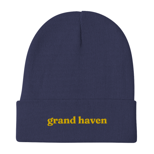 'Grand Haven' Winter Beanie (Old-Style Serif Font) | Gold Embroidery - Circumspice Michigan