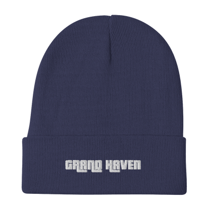 'Grand Haven' Winter Beanie (1970s Font) | White/Black Embroidery - Circumspice Michigan